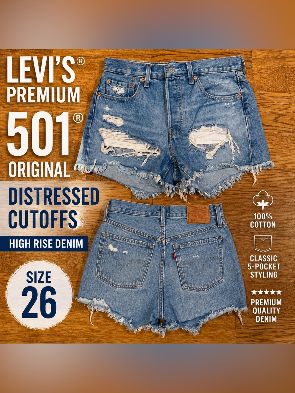 Levi’s Premium 501 Original Cutoff Shorts W26 Distressed High Rise Light Wash